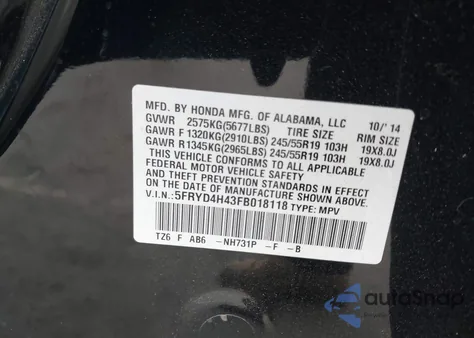 2015 Acura Mdx Technology Package из США, поврежденный, VIN 5FRYD4H43FB018118